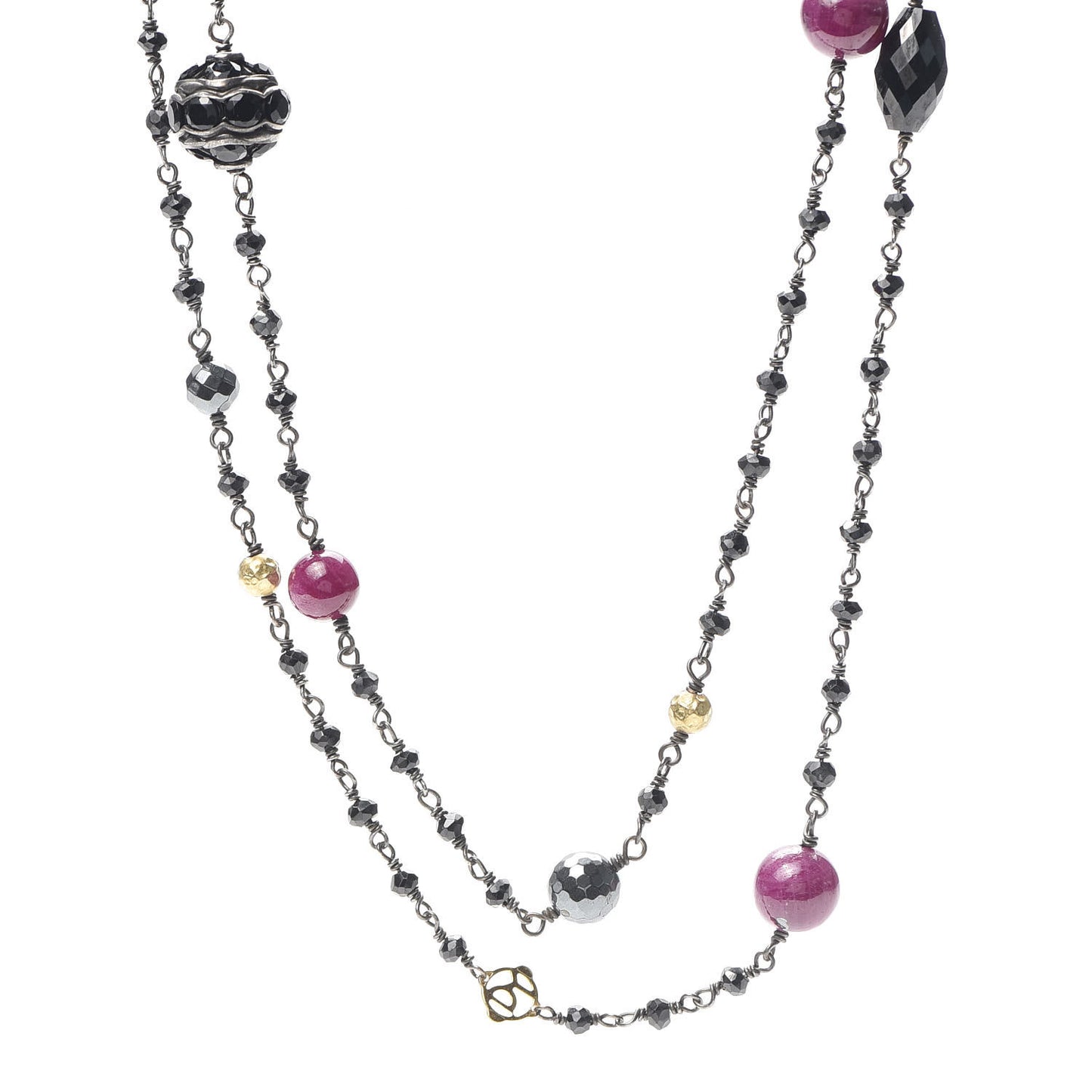 Sterling Silver 18K Yellow Gold Hematine Black Onyx Rhodolite Garnet Bijoux Necklace