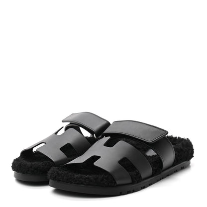 Hermes Calfskin Woolskin Womens Chypre Sandals 38 Black 3 of 8