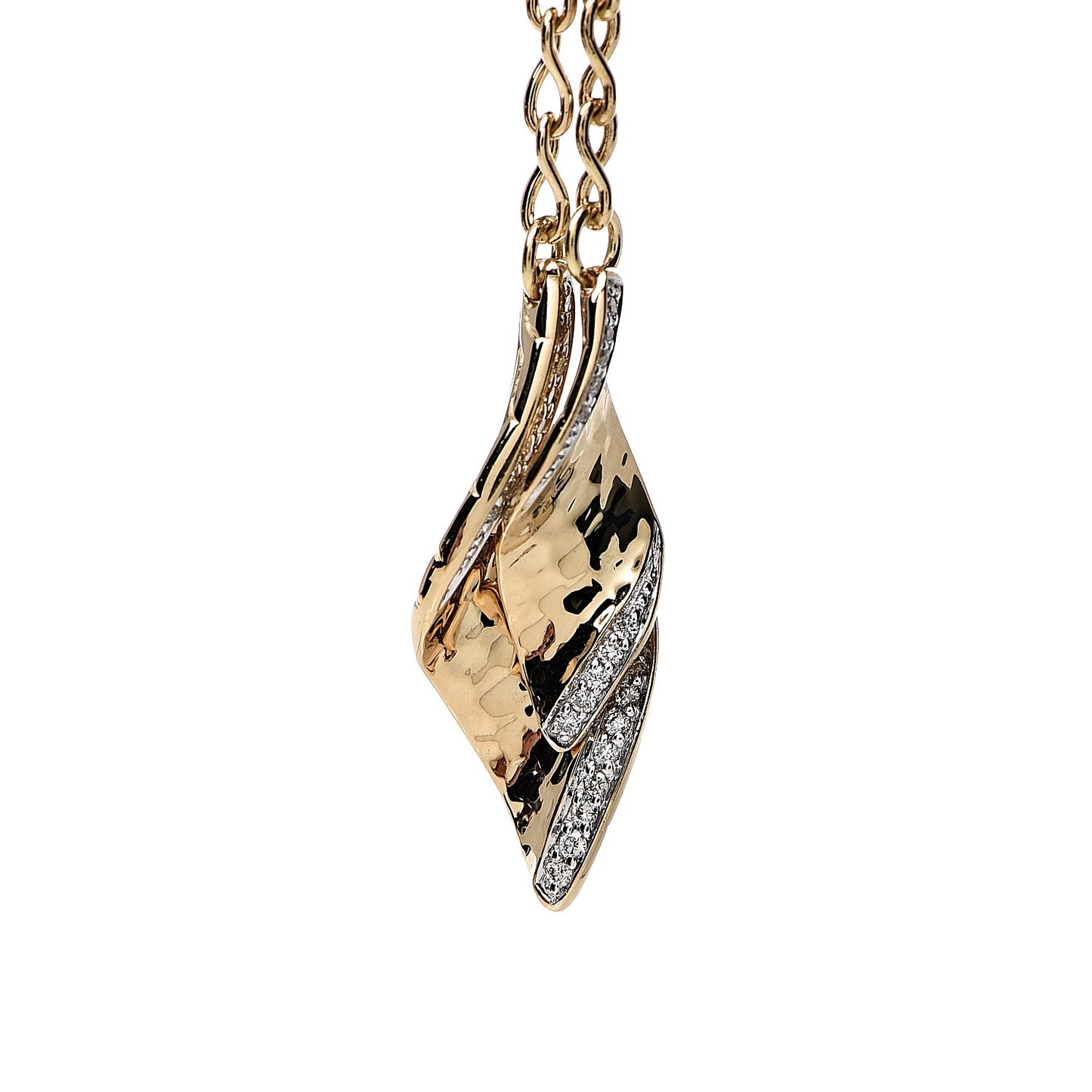 18K Yellow Gold Diamond Classic Chain Wave Hammered Pull Through Bracelet