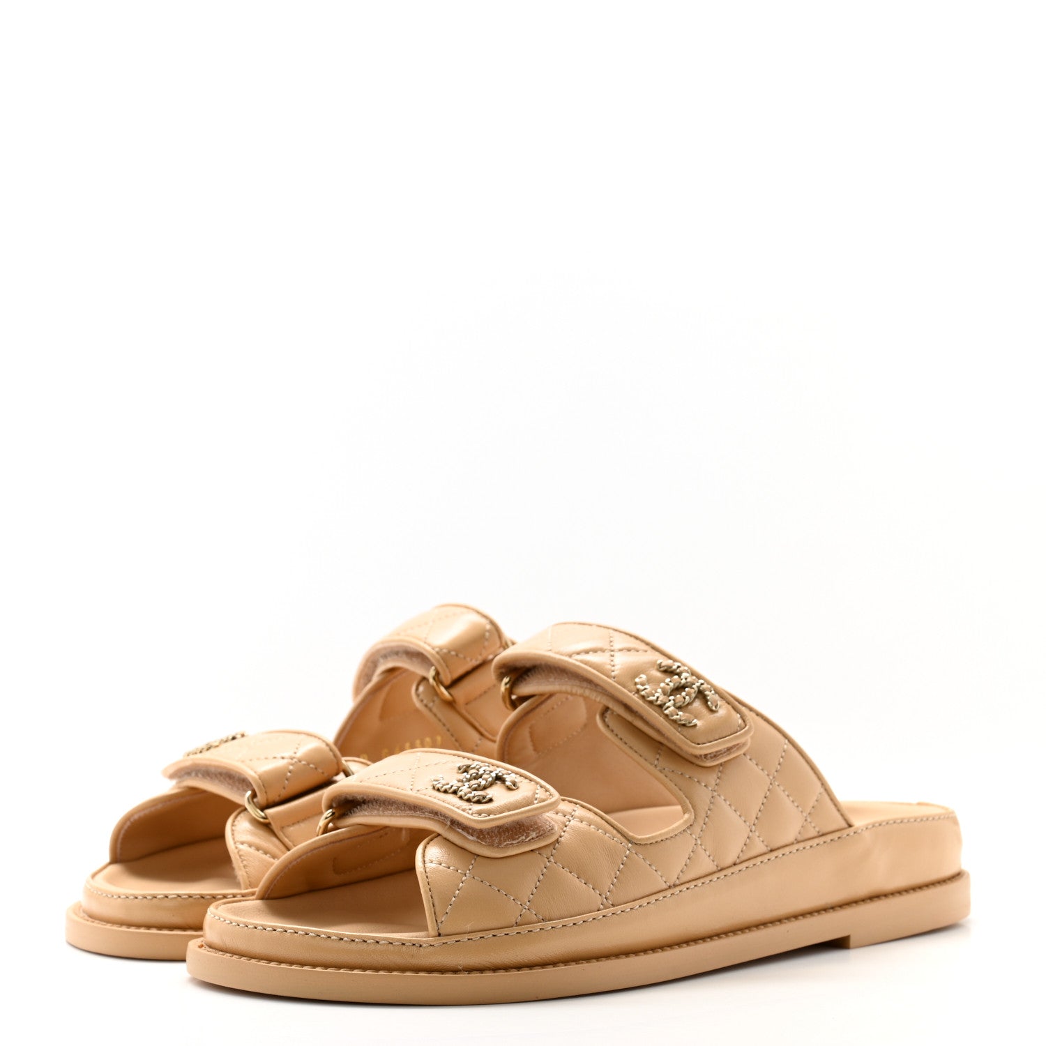 Chanel Lambskin Quilted Velcro Dad Chain CC Slide Sandals 37 Beige 3 of 9