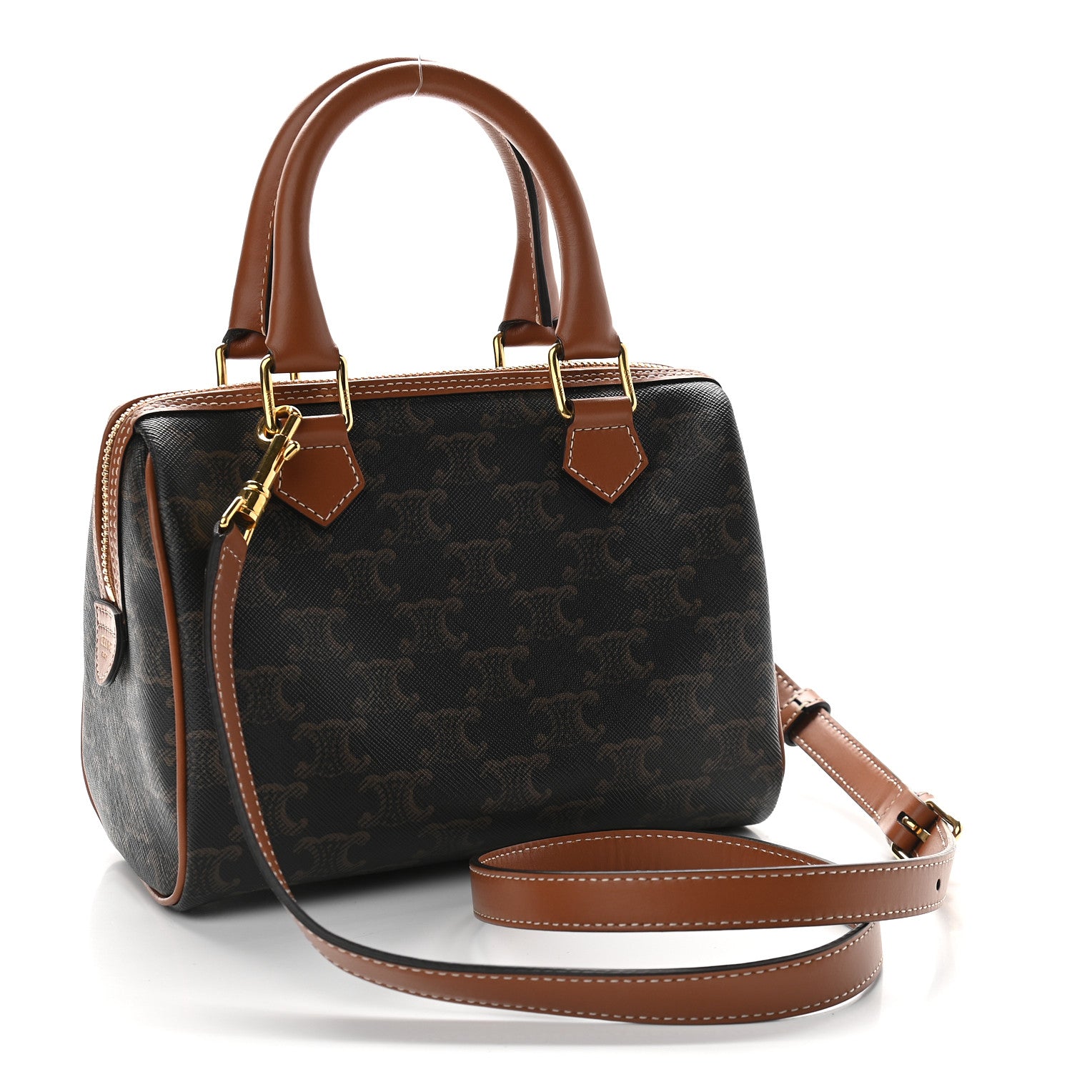 Celine Triomphe Canvas Calfskin Small Boston Bag Tan 889176