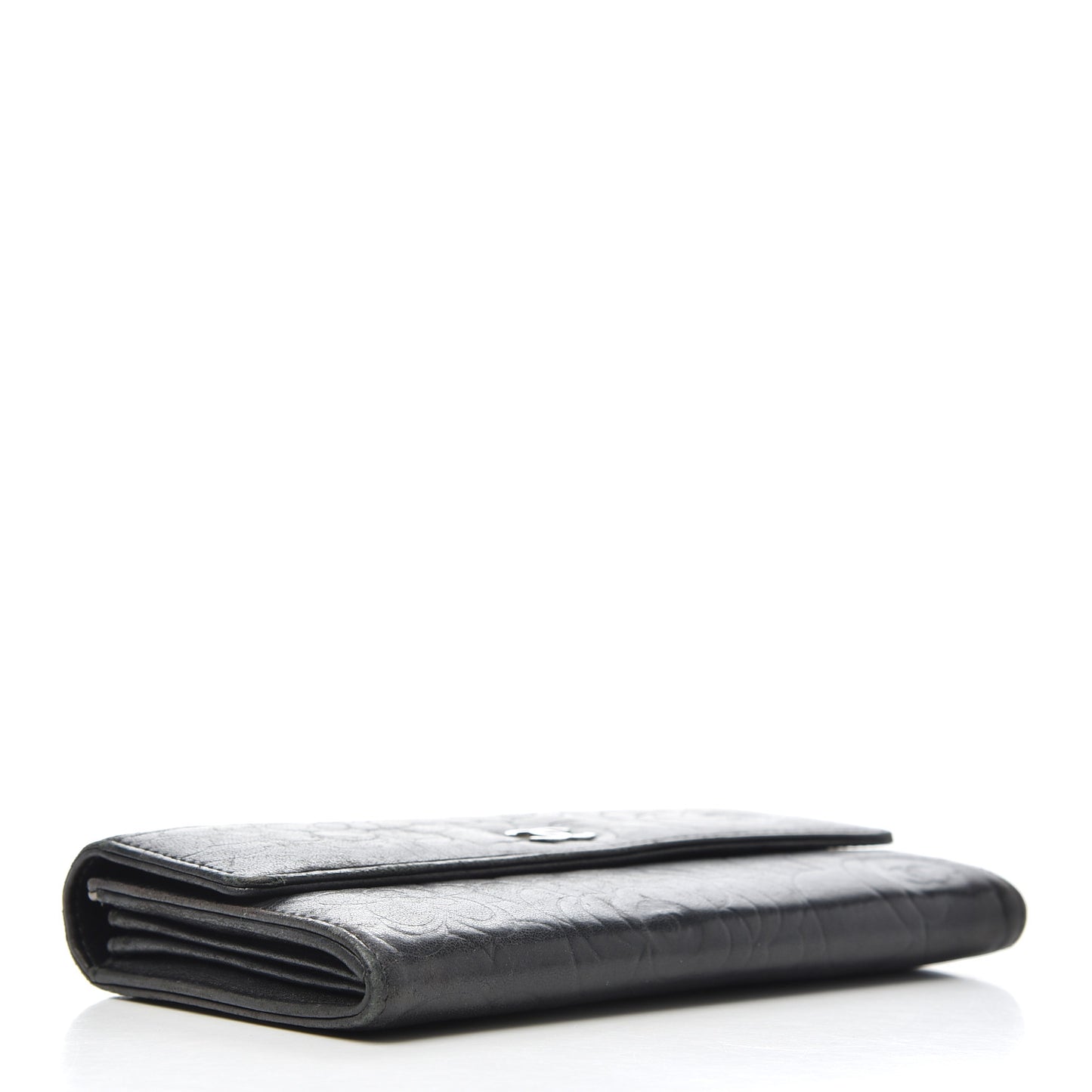 Lambskin Camellia Embossed Large Gusset Flap Wallet Black