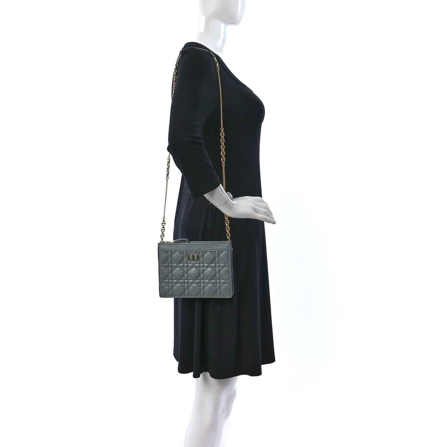 Calfskin Cannage Caro Zipped Pouch With Chain Grey