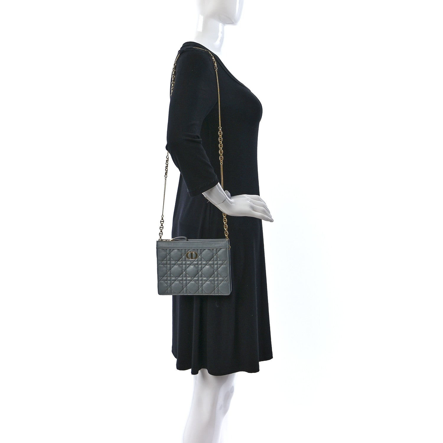 Christian Dior Calfskin Cannage Caro Zipped Pouch With Chain Grey 2 of 12