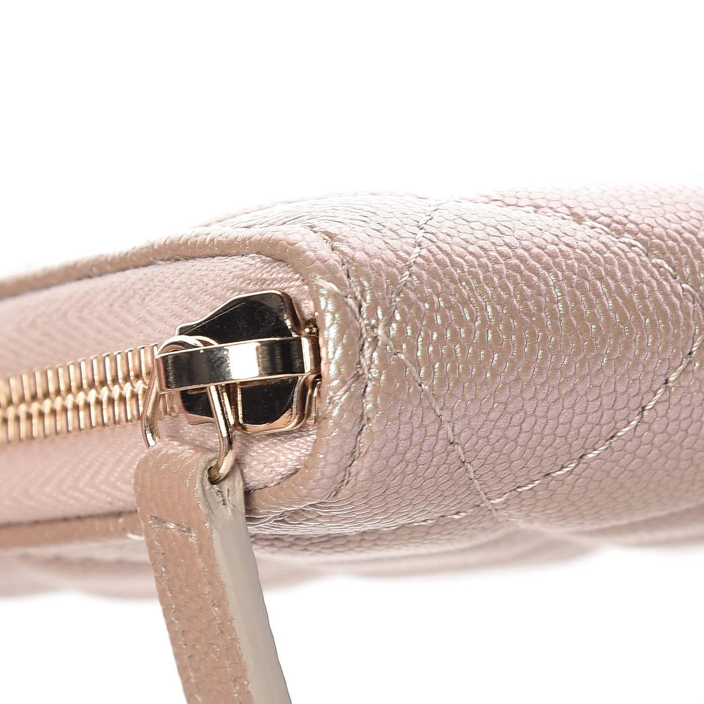 Iridescent Caviar Quilted Long Zip Around Wallet Beige