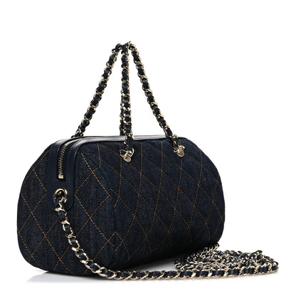 Chanel Denim Quilted Barrel Clutch With Chain Dark Blue Orange 3 of 11