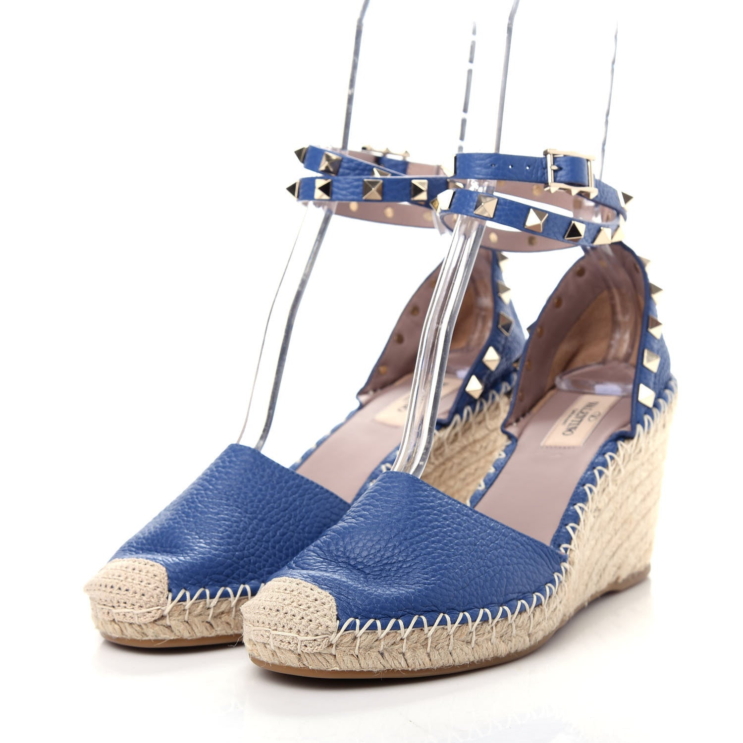 Valentino Garavani Grained Calfskin Rockstud Ankle Wrap Espadrille 15/85mm Wedges 39 Baltique 3 of 10