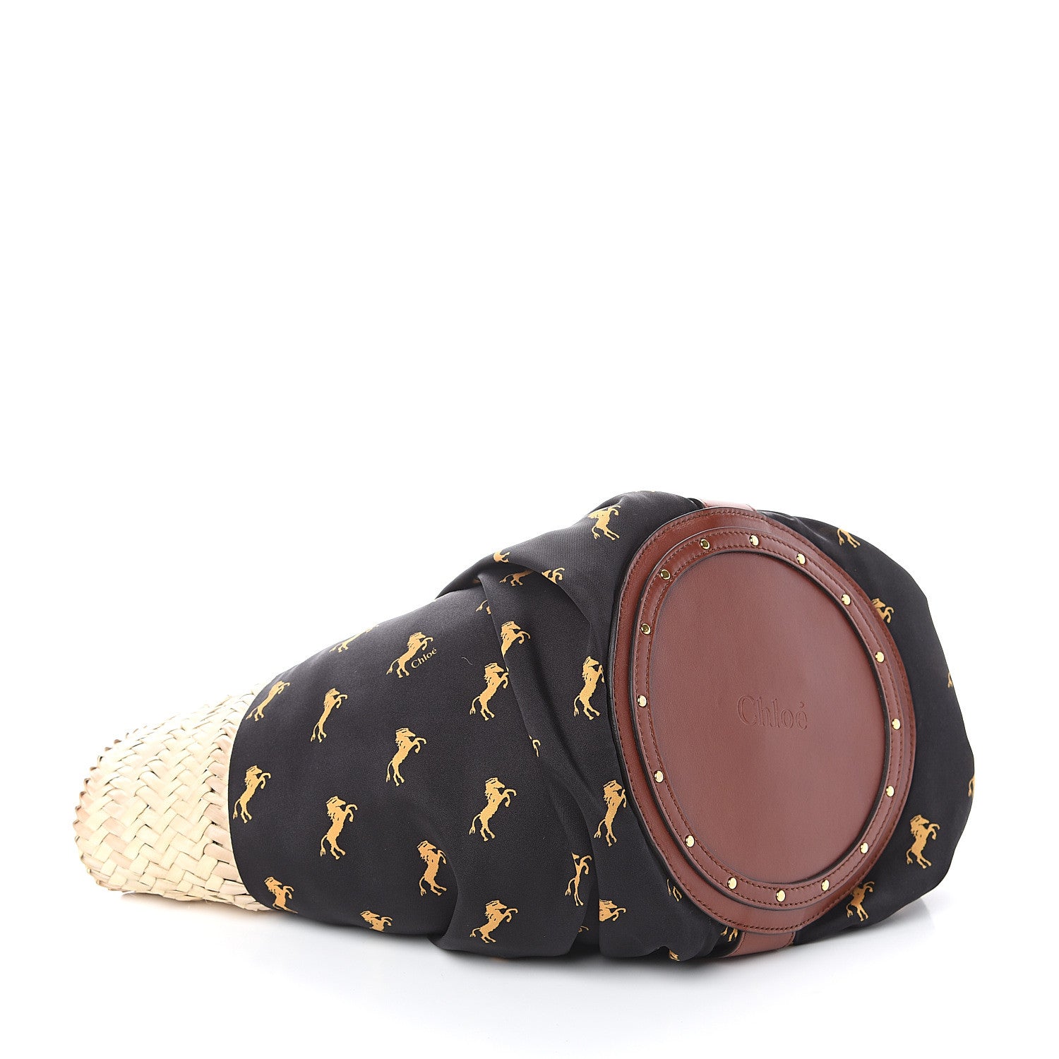 Chloe Smooth Calfskin Raffia Little Horses Medium Panier Basket Black Yellow 3 of 6