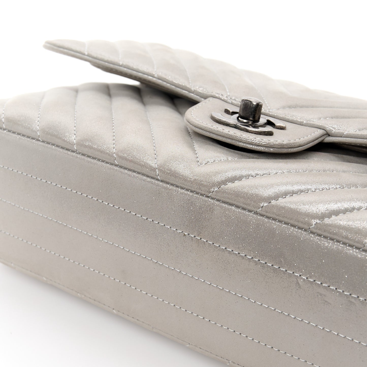 Iridescent Calfskin Chevron Quilted Medium Double Flap Silver