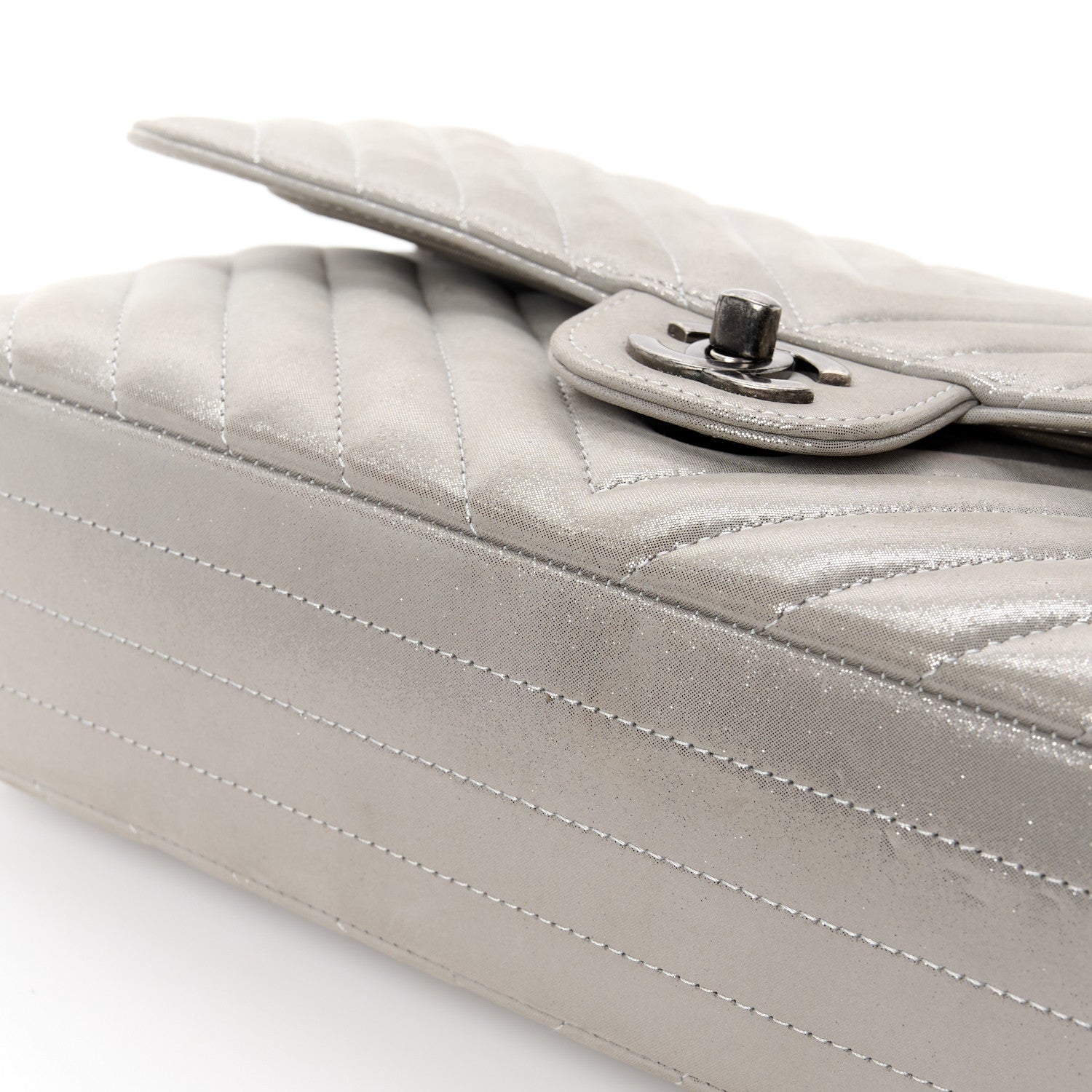 Chanel Iridescent Calfskin Chevron Quilted Medium Double Flap Silver 12 of 13
