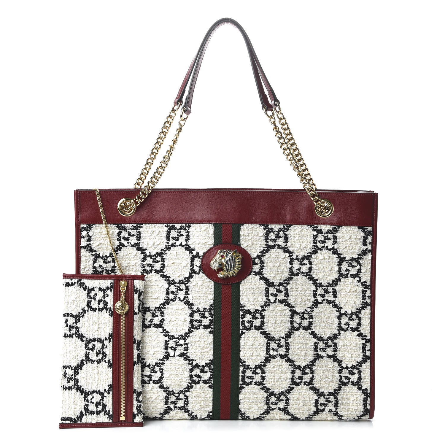 Gucci Tweed GG Monogram Large Rajah Chain Tote White Black Romantic Cherry 1 of 10