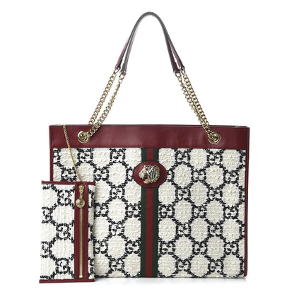 Gucci Tweed GG Monogram Large Rajah Chain Tote White Black Romantic Cherry 1 of 10