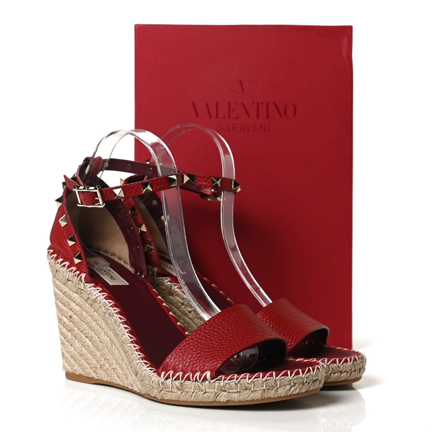 Valentino Garavani Grained Calfskin Rockstud Ankle Strap Espadrille 15/105mm Wedge Sandals 41 Rosso Valentino Natural 11 of 11