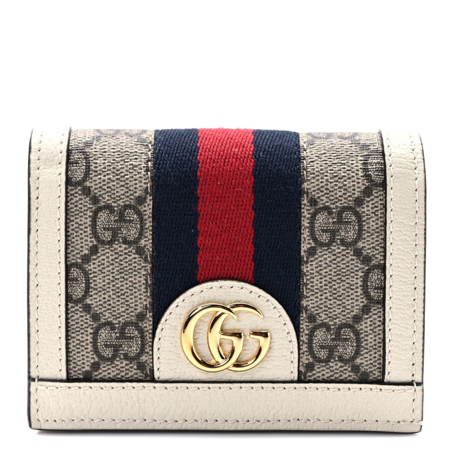 Gucci GG Supreme Monogram Textured Dollar Calfskin Web Ophidia Card Case Beige Ebony Mystic White 1 of 7