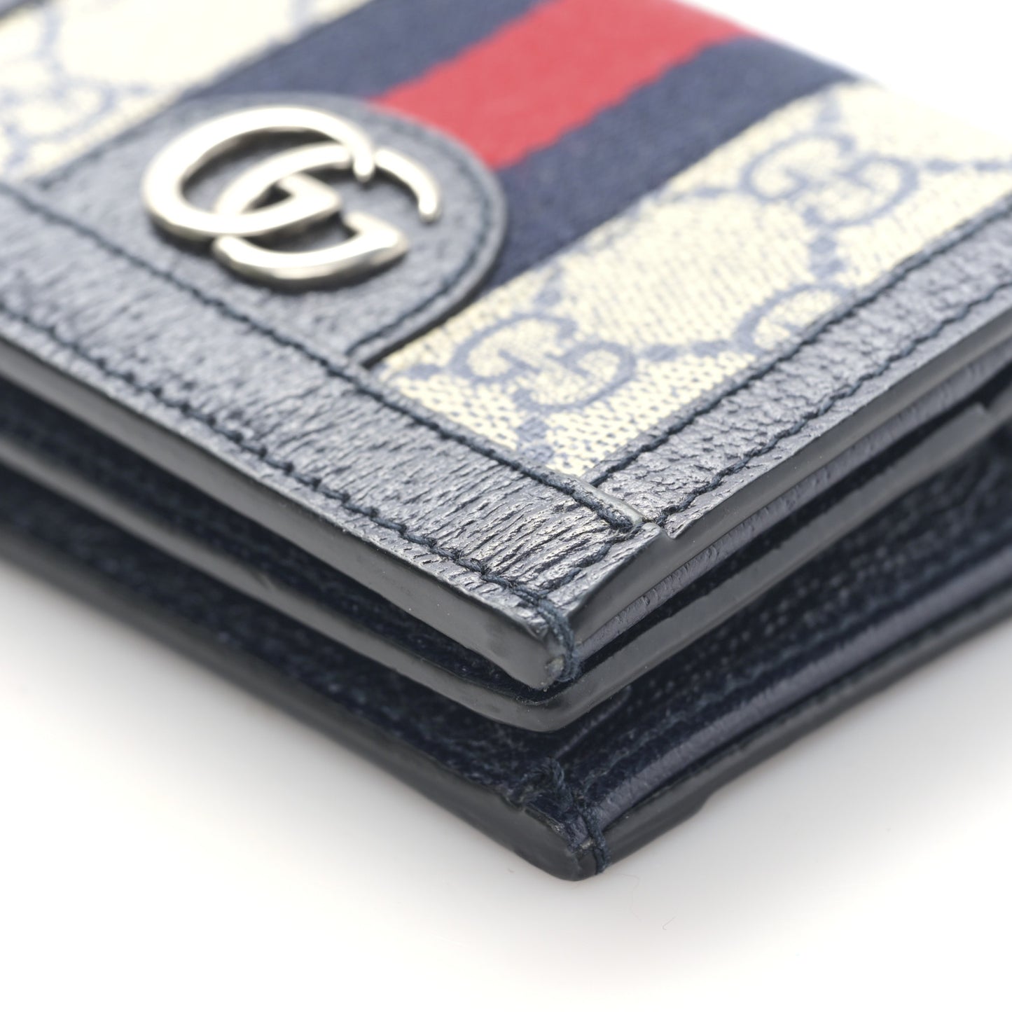 GG Supreme Monogram Textured Dollar Calfskin Web Ophidia Card Case Beige Blue