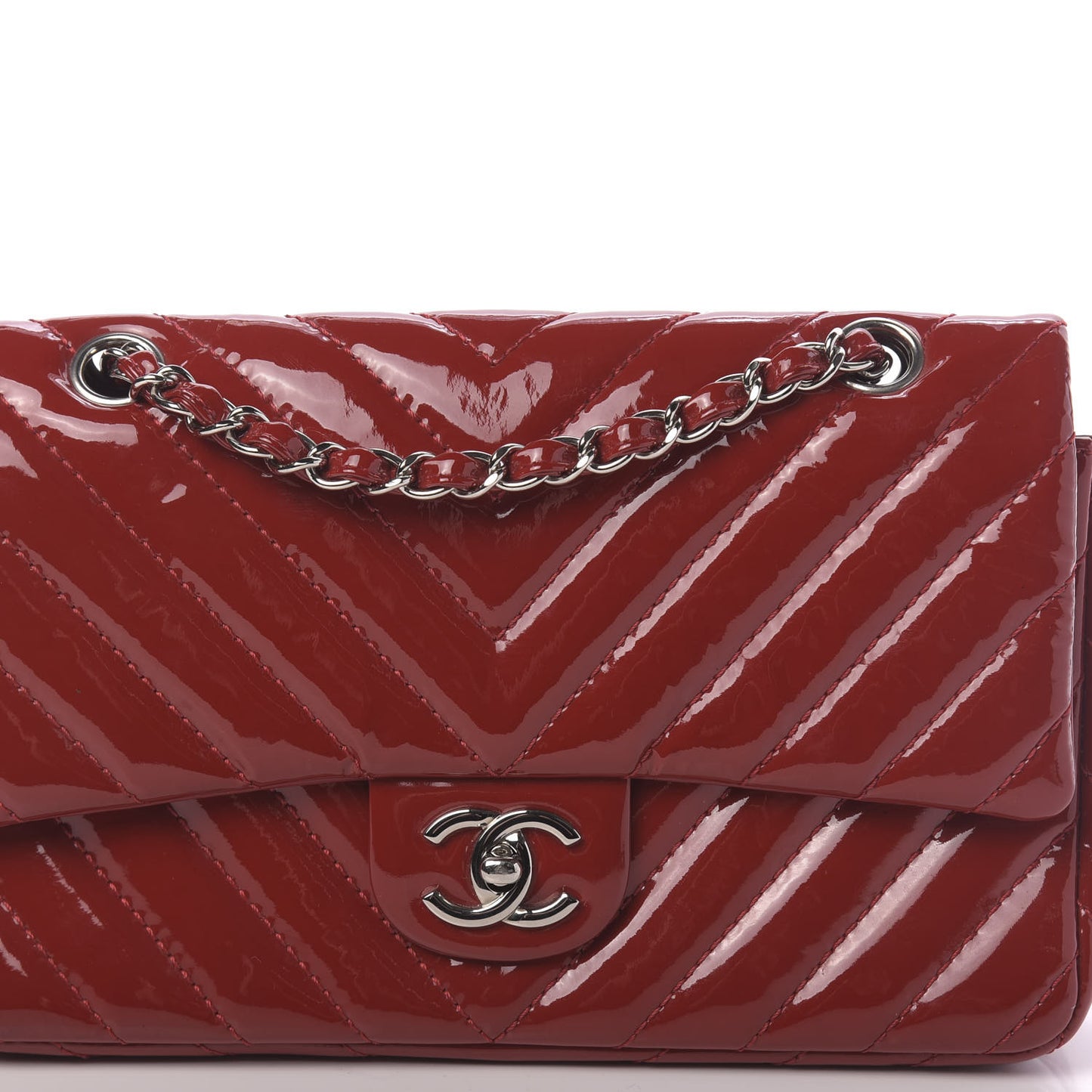 Patent Chevron Quilted Medium Single Flap Red