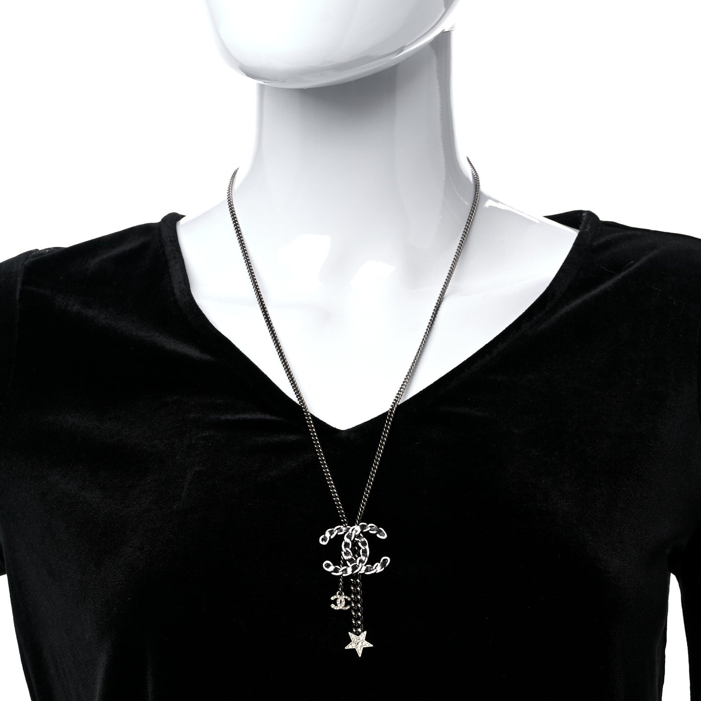 Lambskin Crystal Star CC Necklace Black Silver