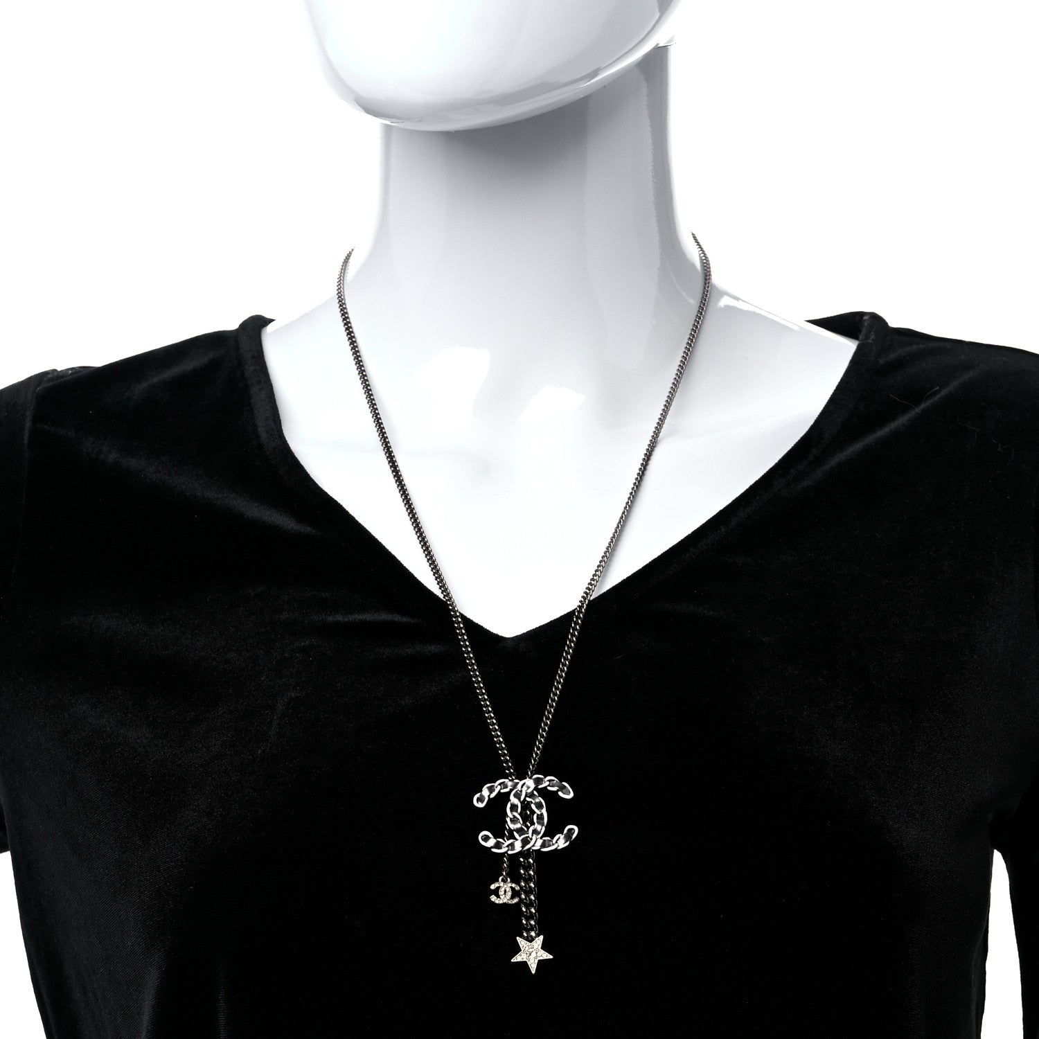 Chanel Lambskin Crystal Star CC Necklace Black Silver 3 of 6