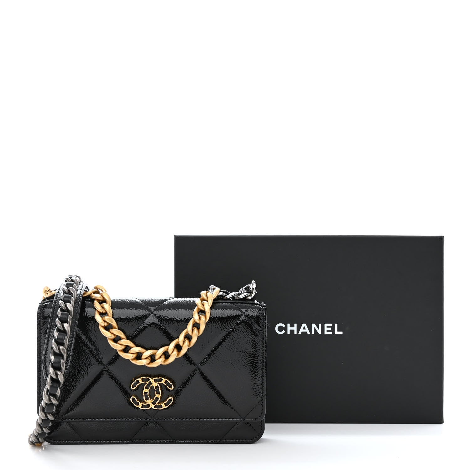 Chanel Shiny Crumpled Calfskin Quilted Chanel 19 Wallet On Chain WOC Black 14 of 14