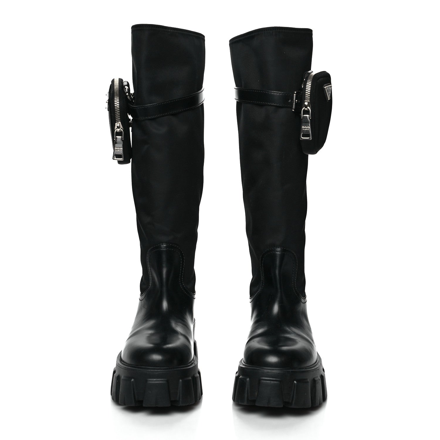 Prada Spazzolato Rois Re-Nylon Metal Triangle Logo Monolith Pouch Pocket 55mm Tall Boots 38 Black 2 of 10