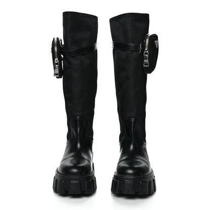 Prada Spazzolato Rois Re-Nylon Metal Triangle Logo Monolith Pouch Pocket 55mm Tall Boots 38 Black 2 of 10