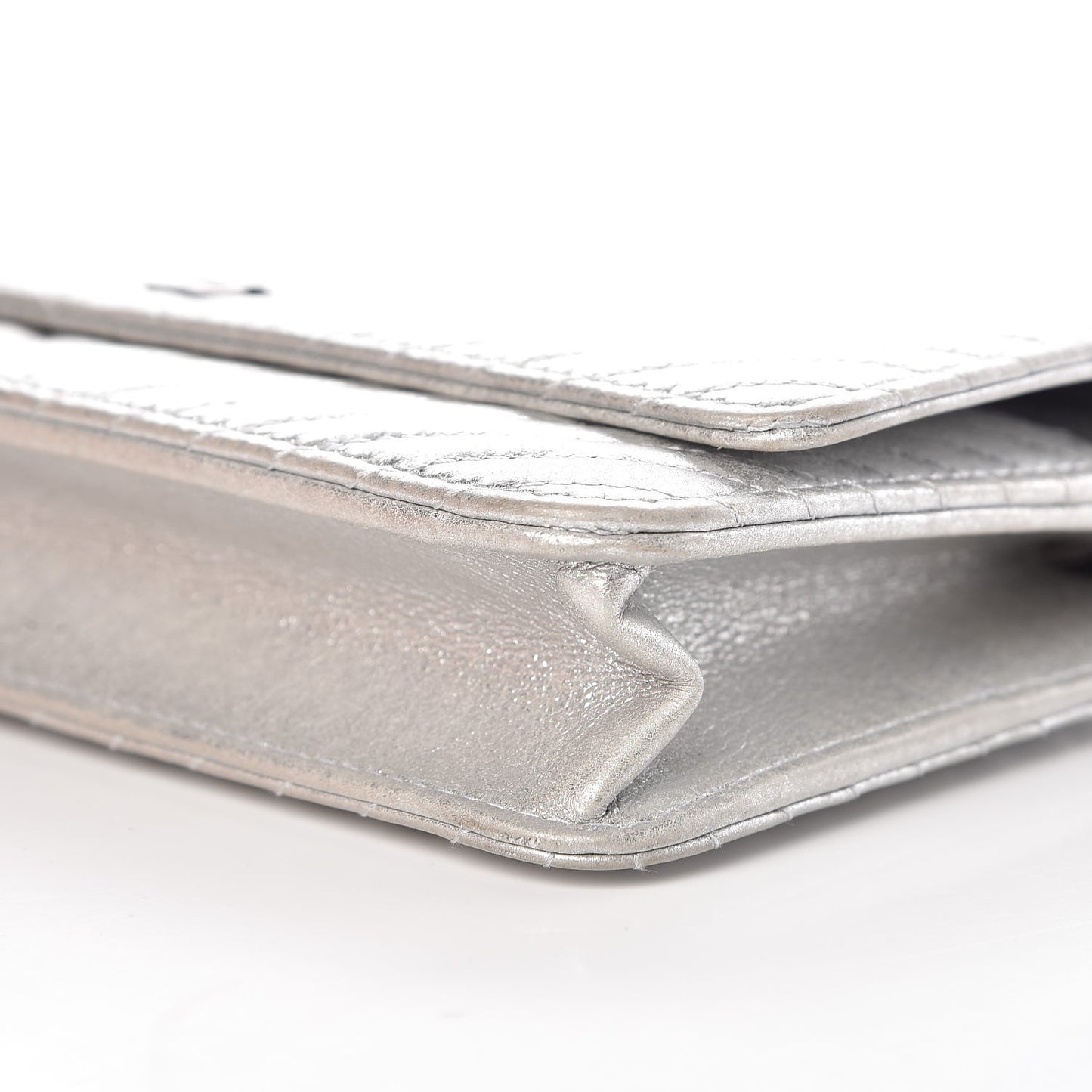 Metallic Lambskin Chevron Wallet On Chain WOC Silver