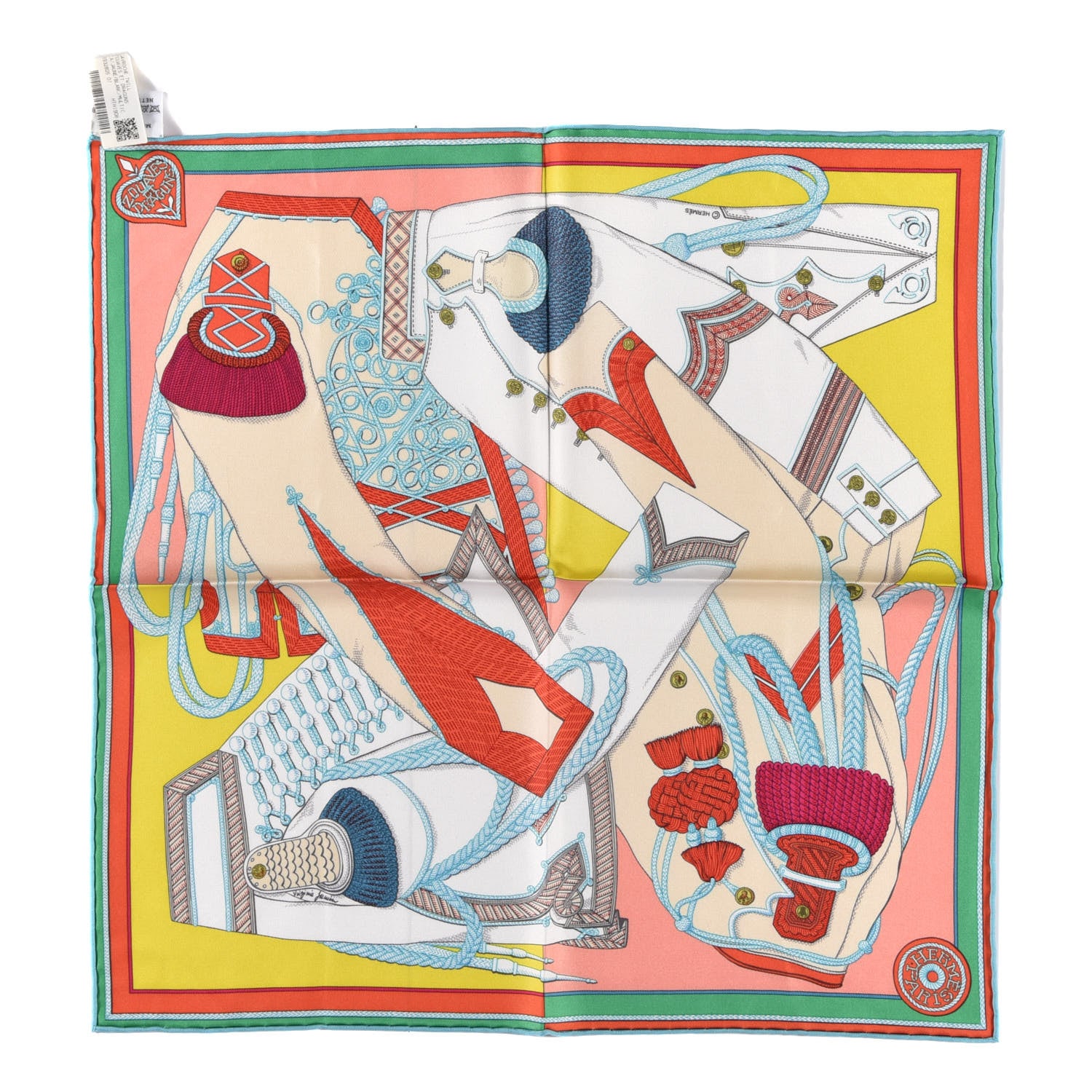 Hermes Silk Zouaves Et Dragons Scarf Pocket Square Jaune White Multicolor 1 of 4