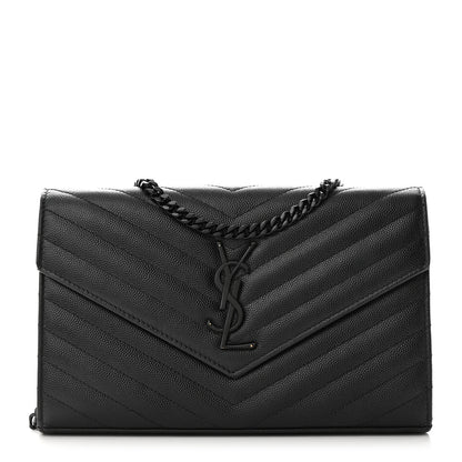 Saint Laurent Grain De Poudre Matelasse Chevron Monogram Monochrome Chain Wallet Black 1 of 10