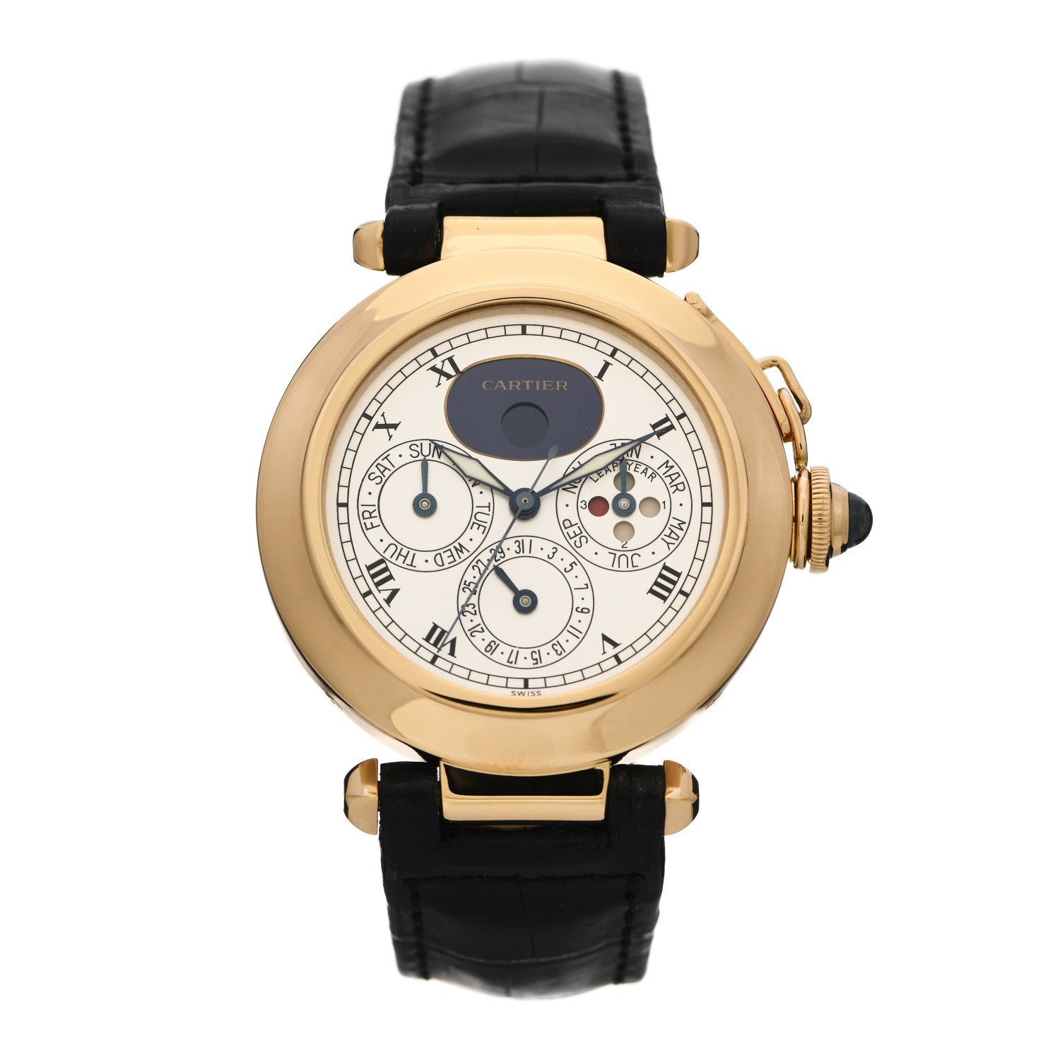 Cartier 18K Yellow Gold Alligator 38mm Pasha de Cartier Perpetual Calendar Quartz Watch 1 of 4