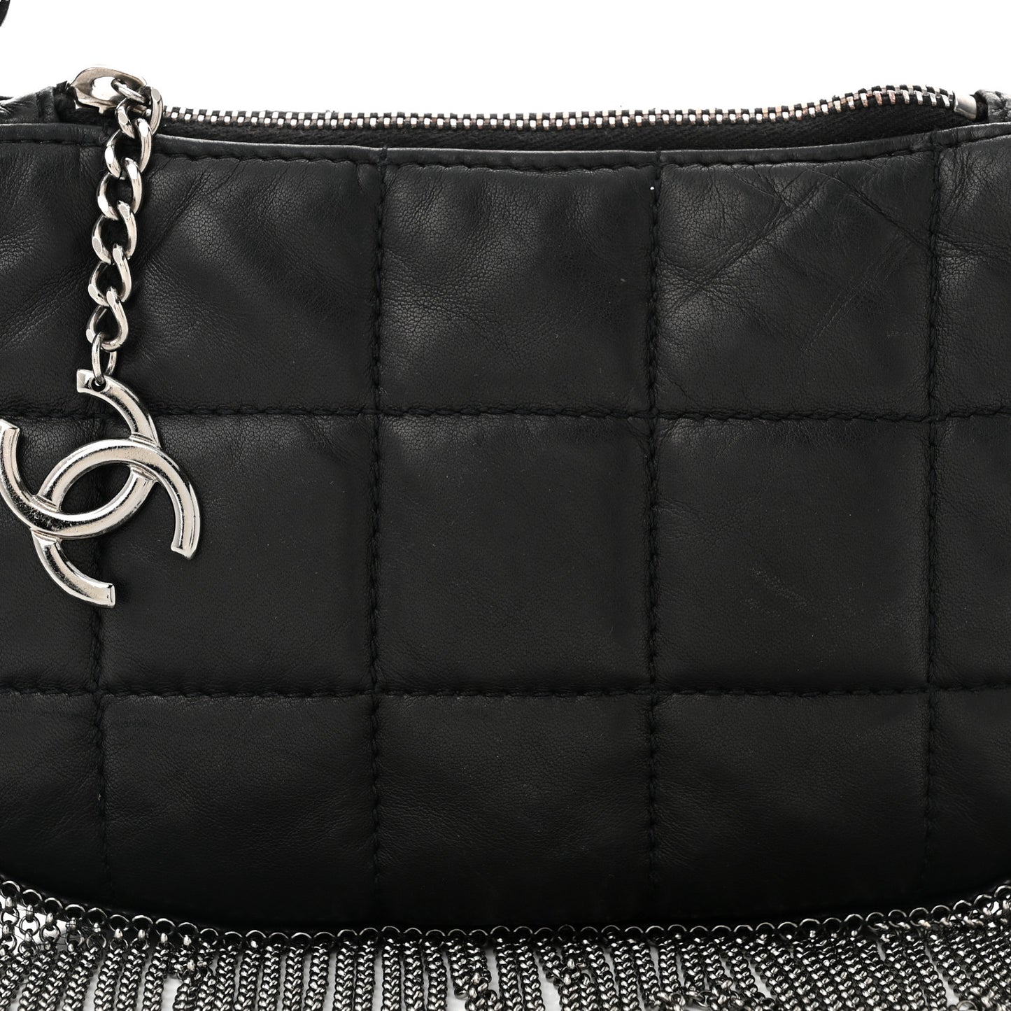 Lambskin Square Quilted Chain Fringe Pochette Black