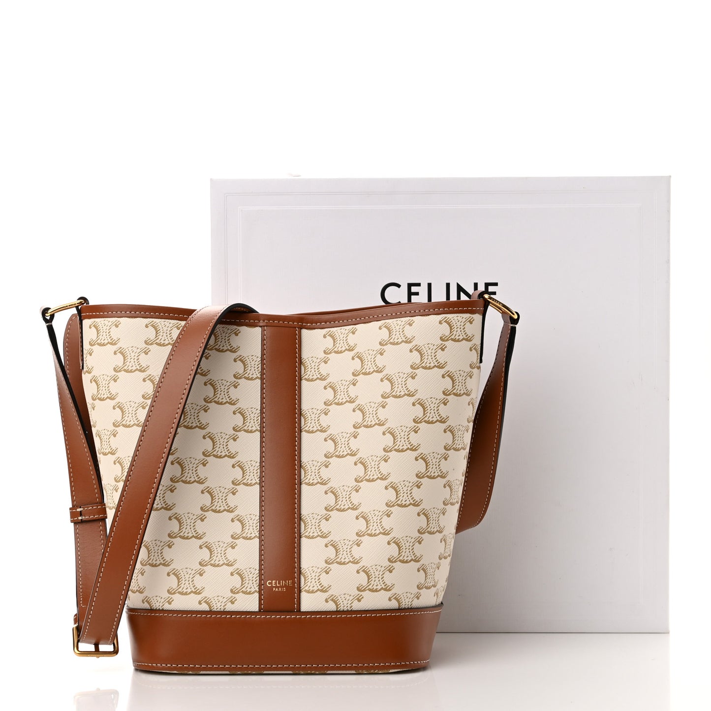 Triomphe Canvas Calfskin Small Bucket Bag White