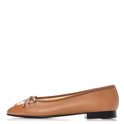 Chanel Patent Goatskin Cap Toe Ballerina Flats 37.5 Camel 1 of 9