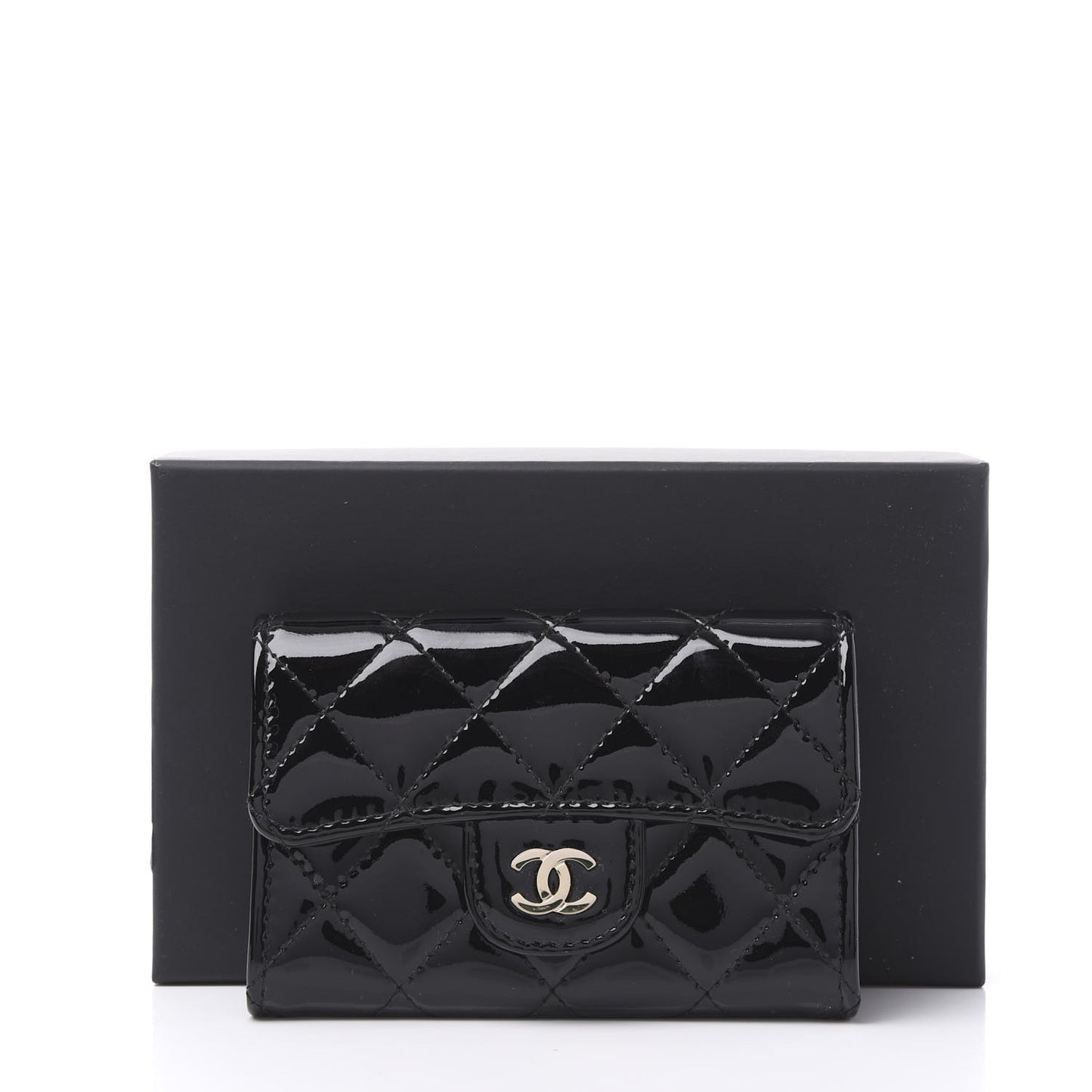 Patent Quilted Flap Card Holder Wallet Black
