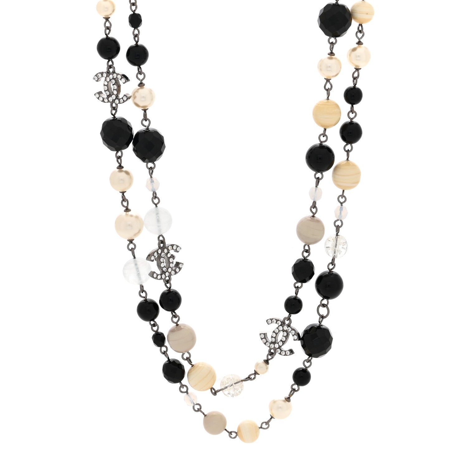 Chanel Pearl Crystal Bead CC Long Necklace Black Silver 1 of 4