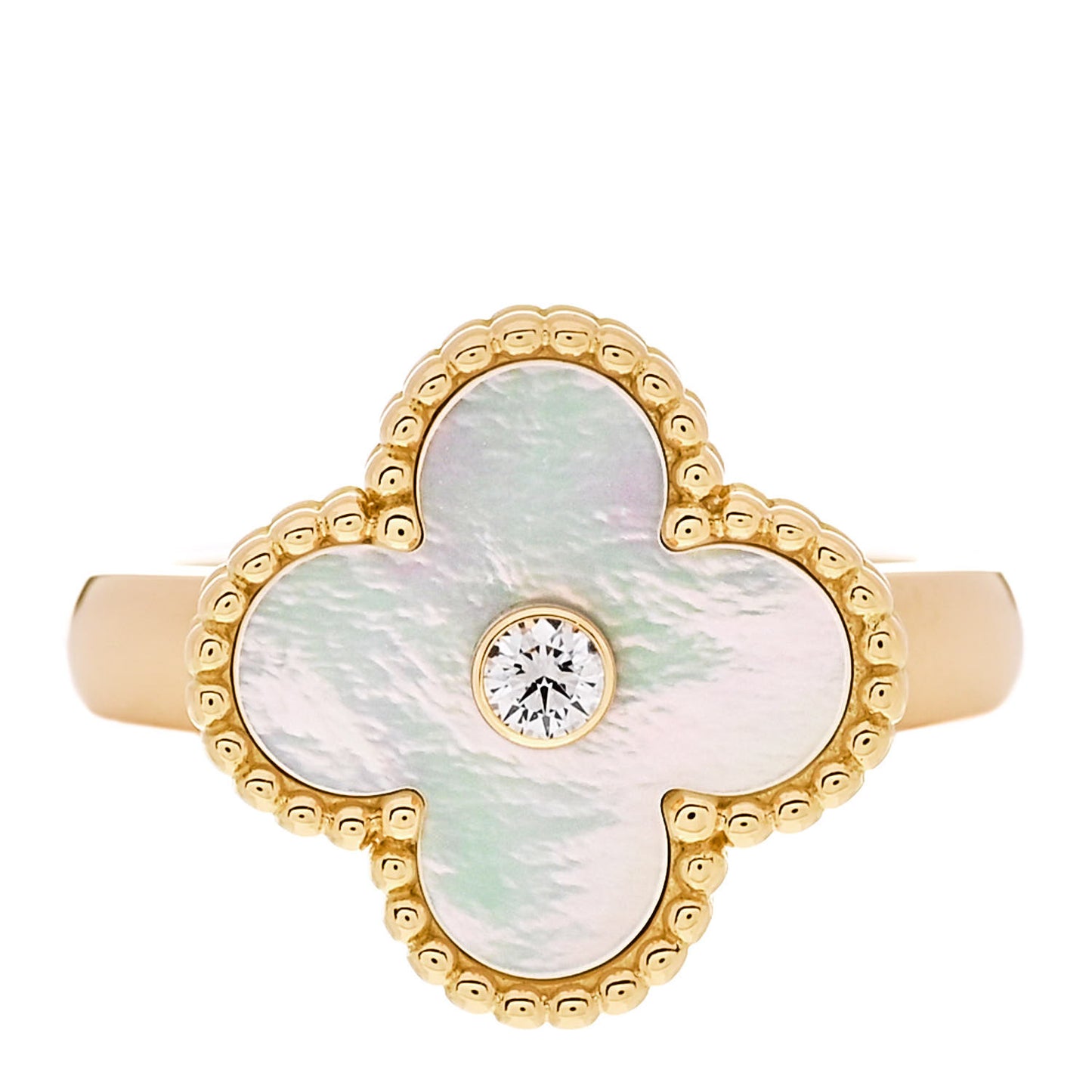 18K Yellow Gold Diamond Mother of Pearl Vintage Alhambra Ring 51 5.75