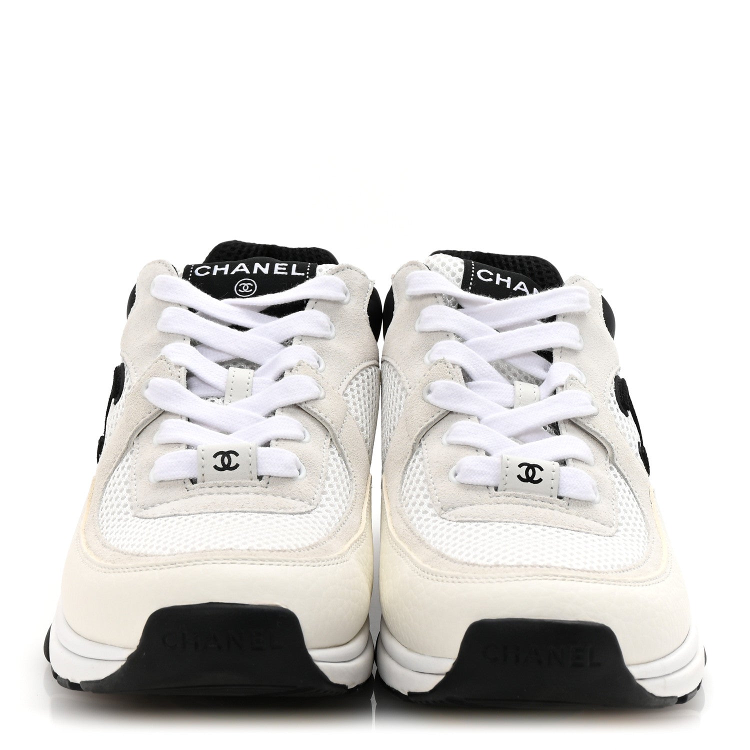 Chanel Mesh Suede Calfskin Grained Calfskin Womens CC Sneakers 39 White Black 3 of 10