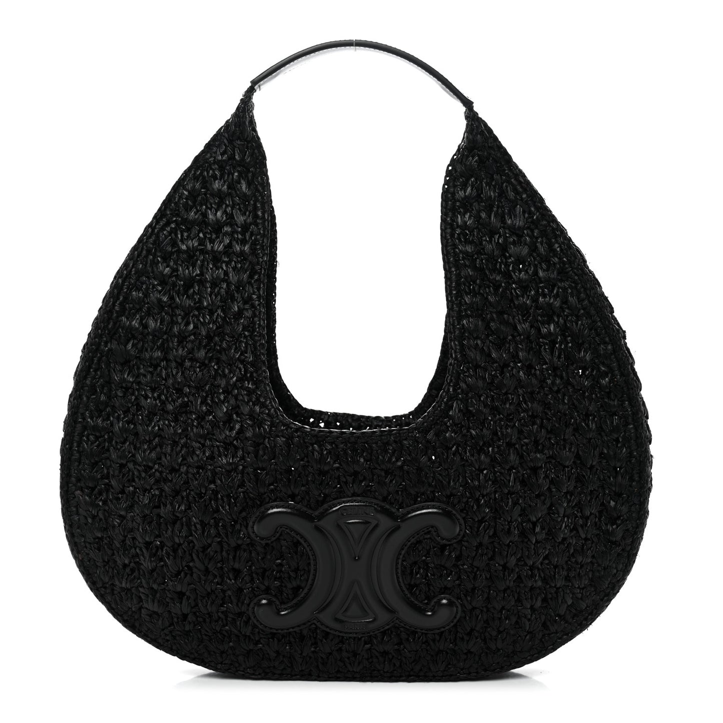 Raffia Calfskin Triomphe Panier Hobo Bag Black