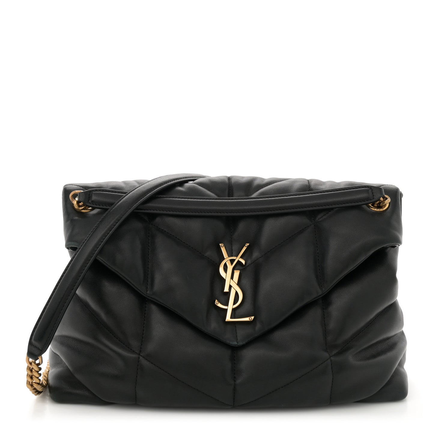 Lambskin Quilted Medium Loulou Puffer Monogram Chain Satchel Black