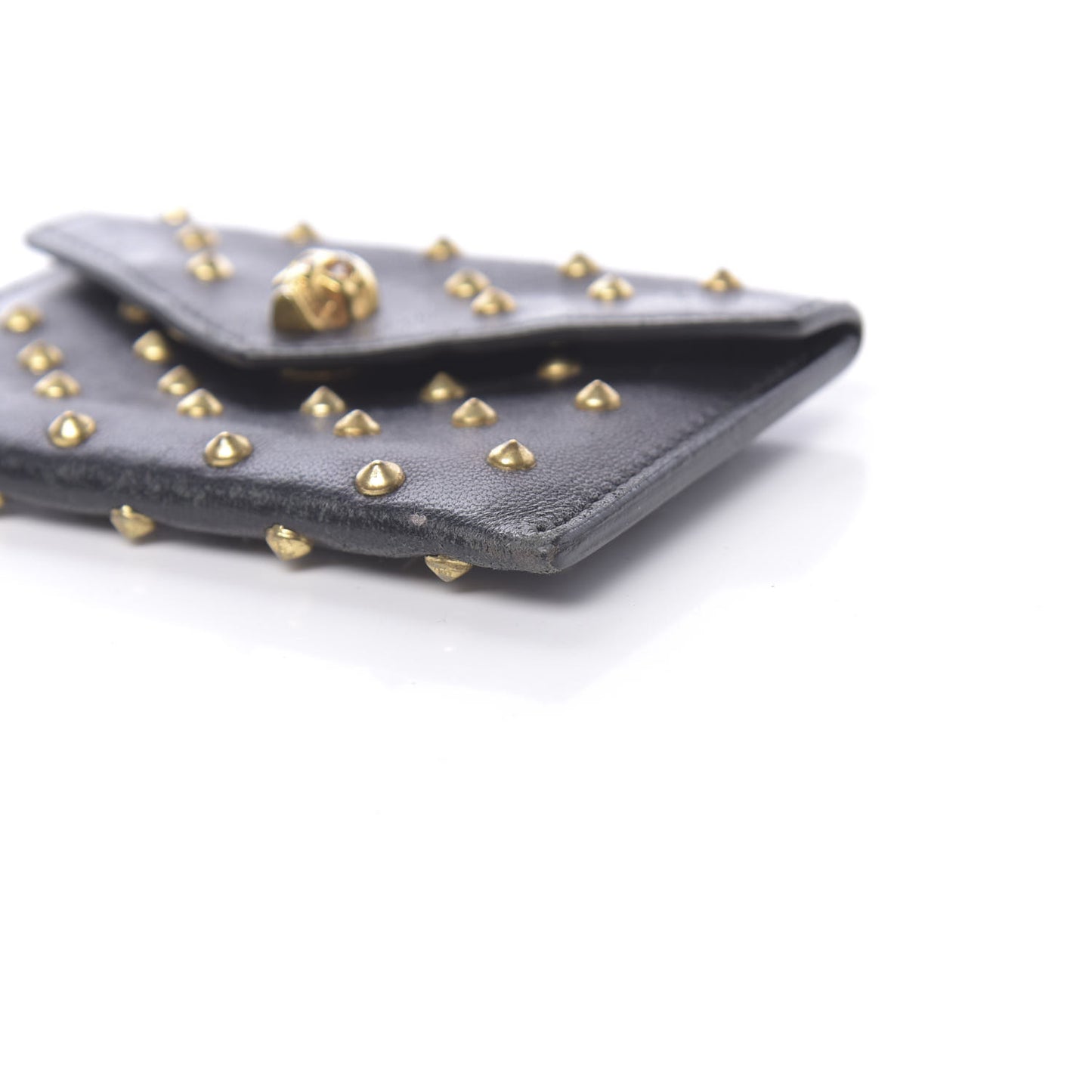 Calfskin Studded Skull Envelope Card Holder Black