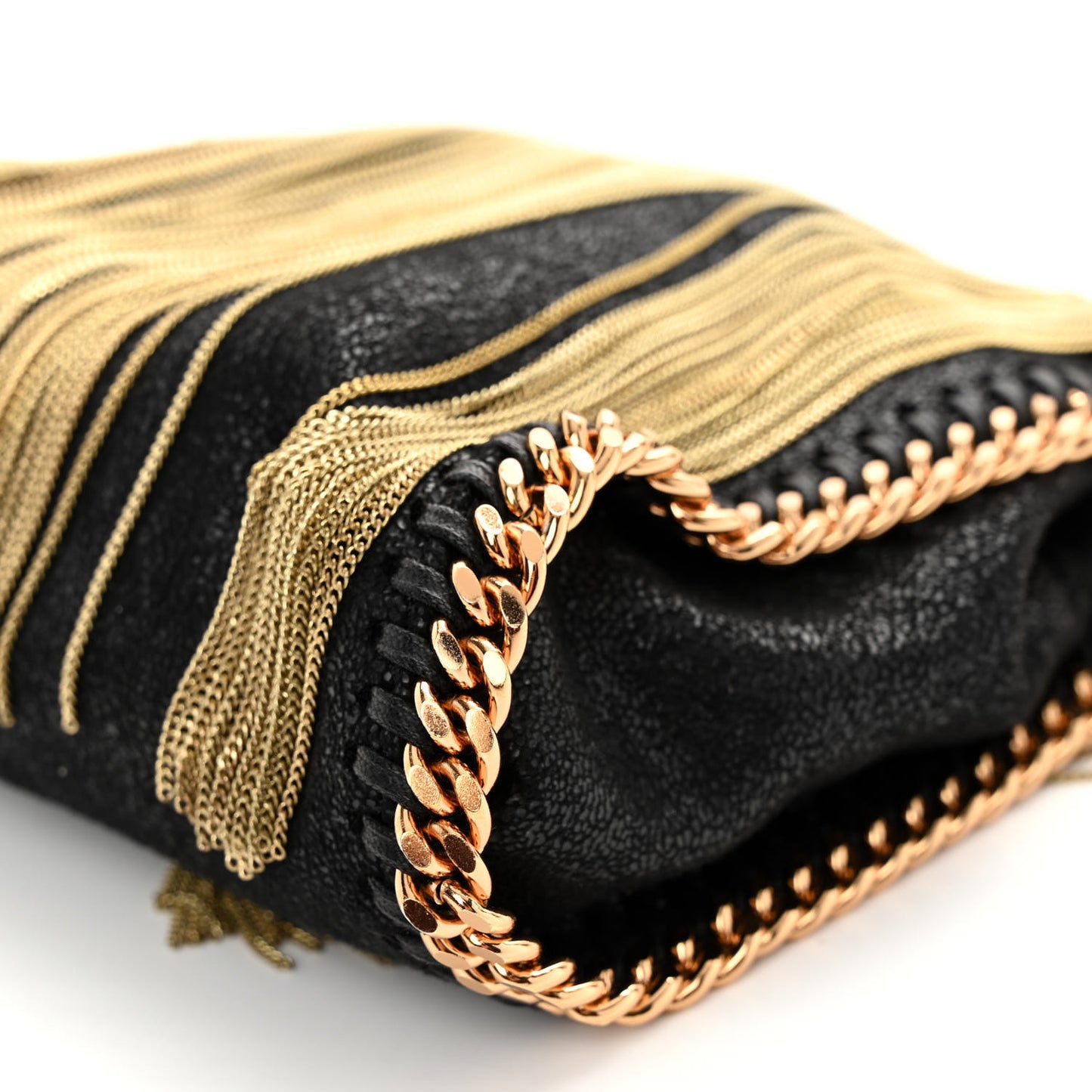 Eco Suede Tiny Fringe Falabella Tote Black Gold