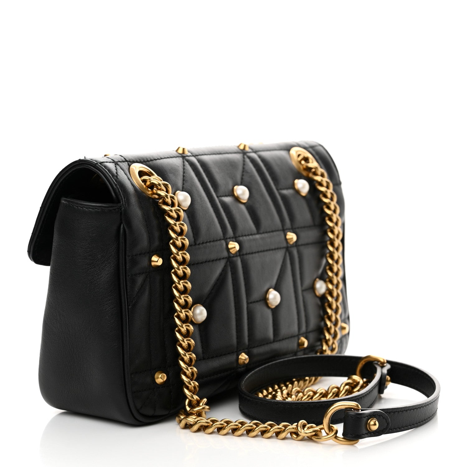 Gucci Calfskin Matelasse Studded Small Pearly GG Marmont Shoulder Bag Black 3 of 12