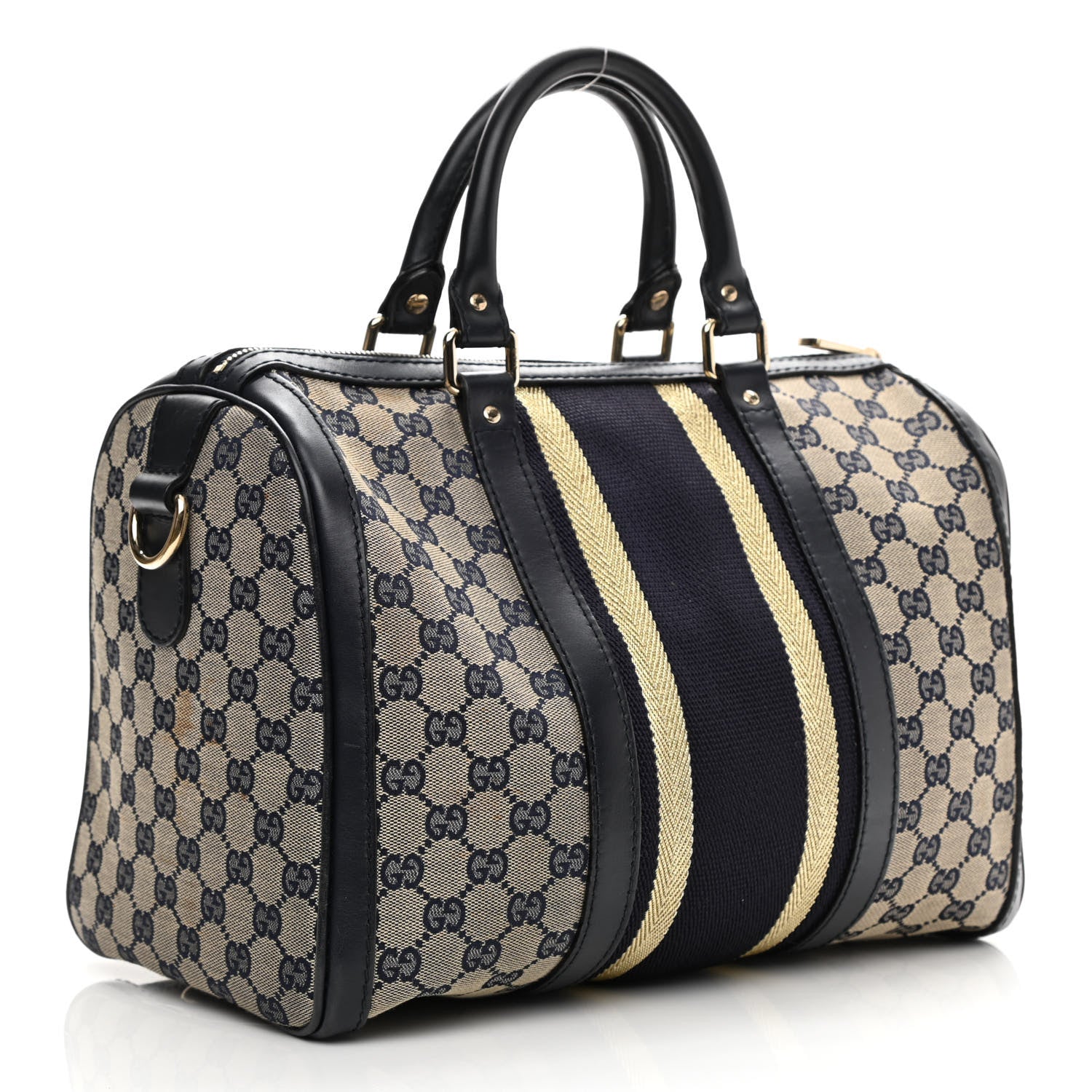 Gucci Monogram Vintage Web Medium Boston Gold Navy 3 of 15