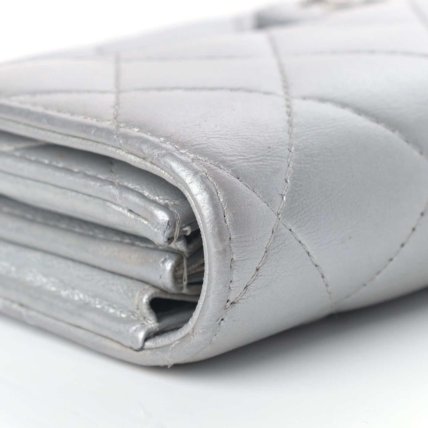 Metallic Lambskin Quilted Long Flap Wallet Silver
