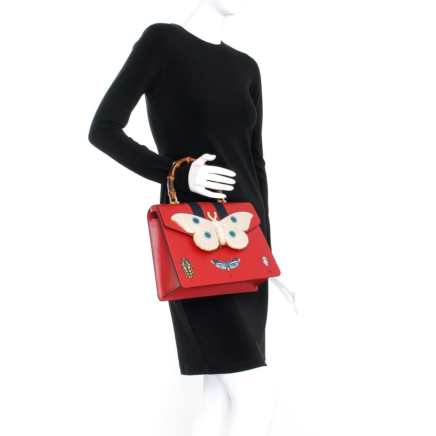 Gucci Calfskin Bamboo Web Medium Falena Moth Top Handle Bag Hibiscus Red 3 of 8