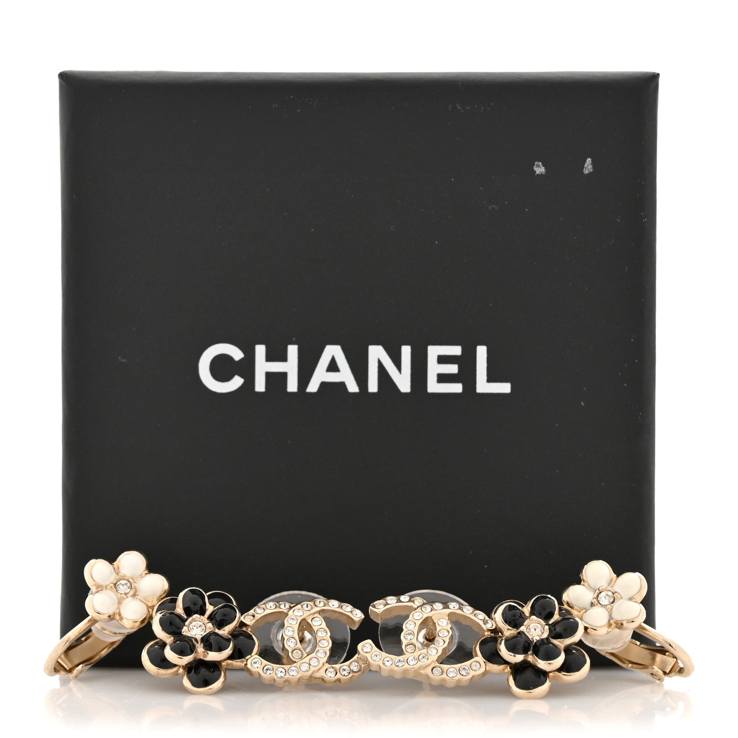 Crystal Enamel Flower CC Earrings Gold White Black