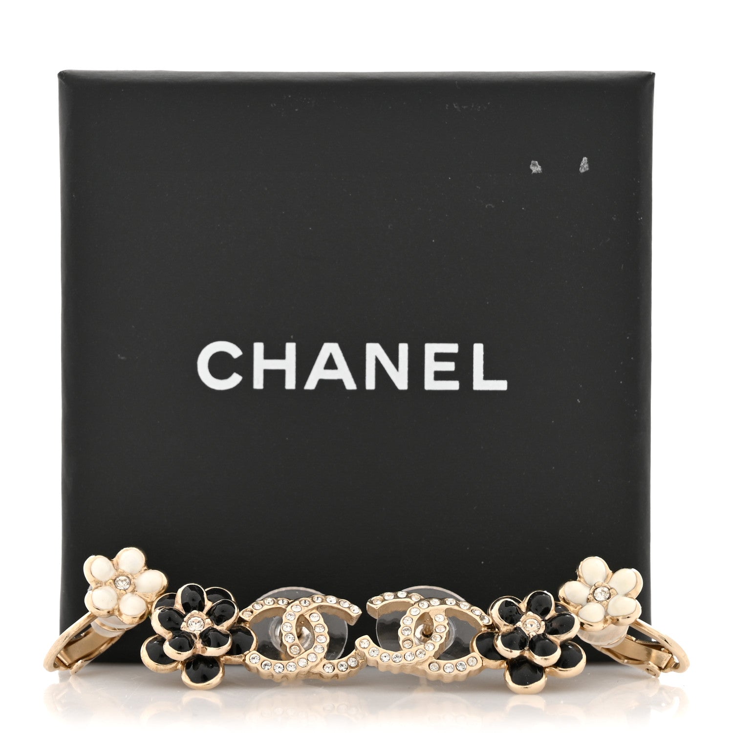 Chanel Crystal Enamel Flower CC Earrings Gold White Black 5 of 5