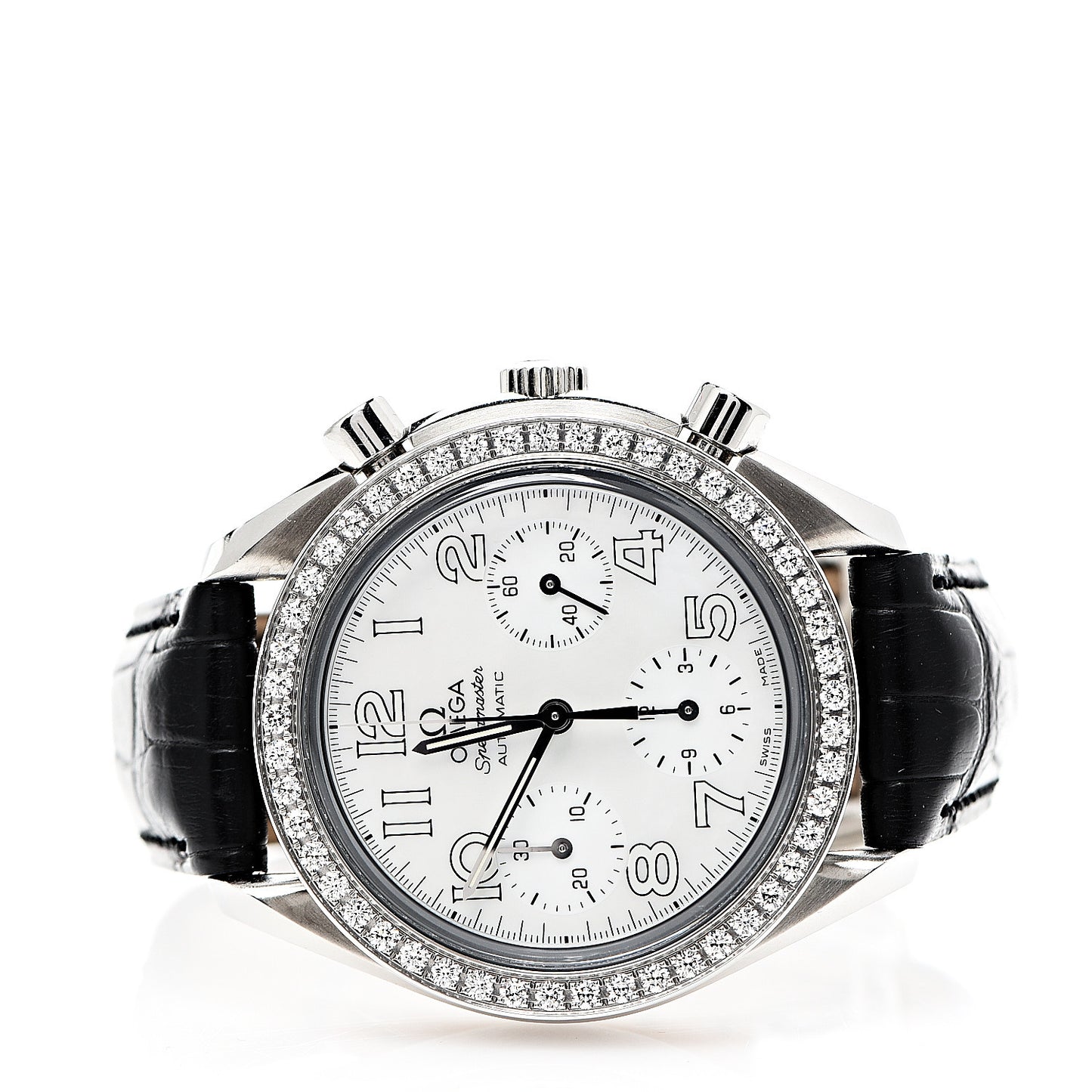 Stainless Steel Alligator Diamond Bezel Mother of Pearl 38mm Speedmaster Chronograph Automatic Watch 3835.70.36