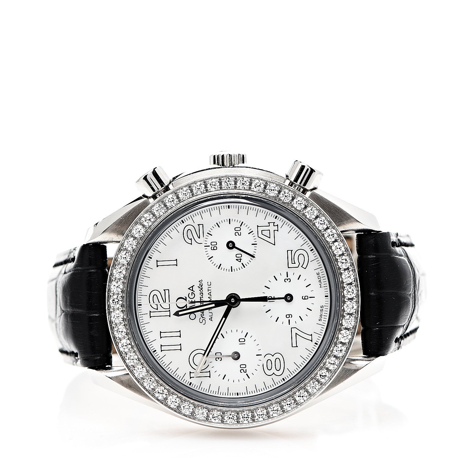 Omega Stainless Steel Alligator Diamond Bezel Mother of Pearl 38mm Speedmaster Chronograph Automatic Watch 3835.70.36 2 of 9