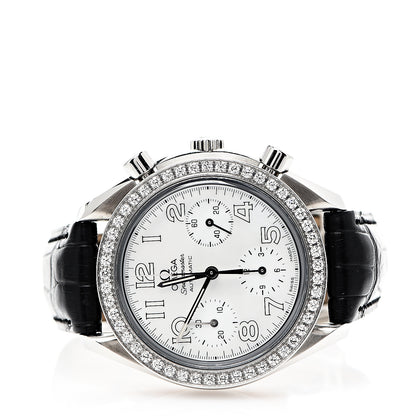 Omega Stainless Steel Alligator Diamond Bezel Mother of Pearl 38mm Speedmaster Chronograph Automatic Watch 3835.70.36 2 of 9