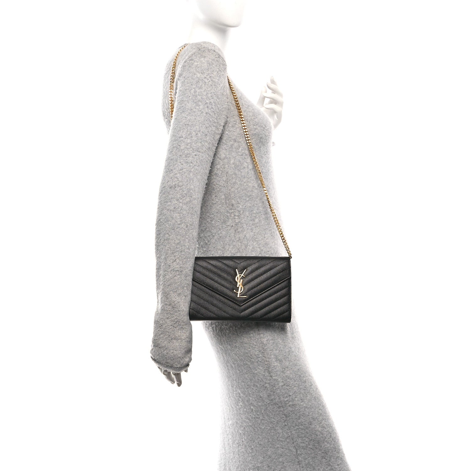 Saint Laurent Grain De Poudre Matelasse Chevron Monogram Chain Wallet Black 2 of 9